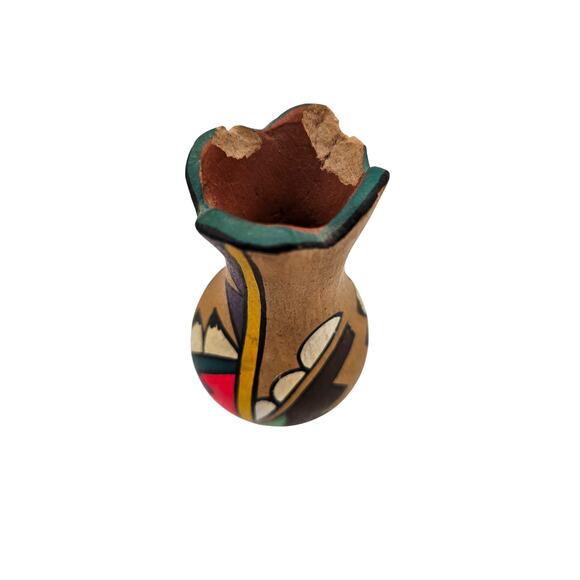 Vtg 1950s Pottery Clay Pot Bright Color Native American Hand Painted Vase - Picture 5 of 8